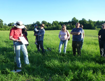 NNY beef producers learn how a rising plate meter works in a pasture walk demonstration with NNY Regional Livestock Team Leader Betsy Hodge, far left. Photo: CCE